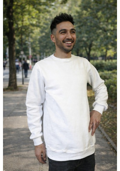 Luxıc Core Erkek Beyaz Basic Sweatshirt Geniş Kalıp Bisiklet Yaka, Rahat Kesim, Günlük Ve Sokak Stili
