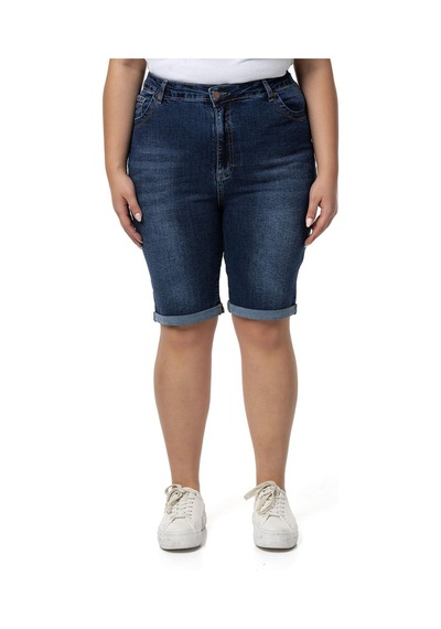 Büyük Beden Paçası Katlamalı Beş Cepli Denim Lacivert Şort-lacivert Lacivert
