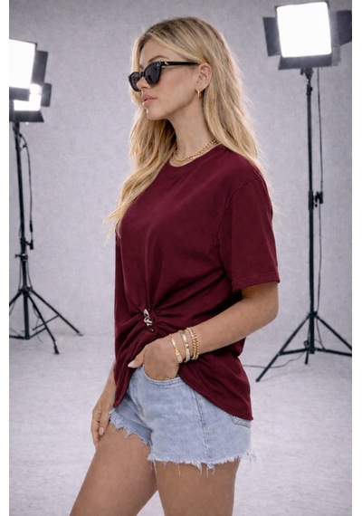 Ribana Kadın Bisiklet Yaka Kısa Kollu Gold Yan Toka Detaylı T-shirt 5035 Bordo