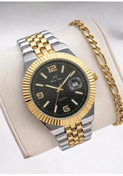 Erkek Takvimli Gold Kol Saati Çok Renk Seçenekli Çelik Kordon Quartz Mekanizmalı Lüks Erkek Saat + Bileklik Hediyeli Siyah Erkek Takvimli Gold Kol Saati Çok Renk Seçenekli Çelik Kordon Quartz Mekanizmalı Lüks Erkek Saat + Bileklik Hediyeli Siyah