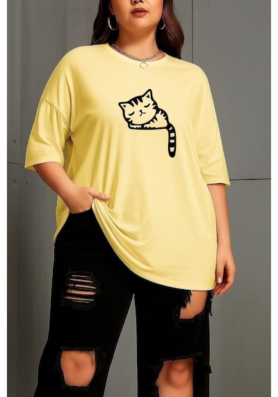 Büyük Beden Çizgili Uykusuz Kedi Baskılı Unisex Tişört Sarı