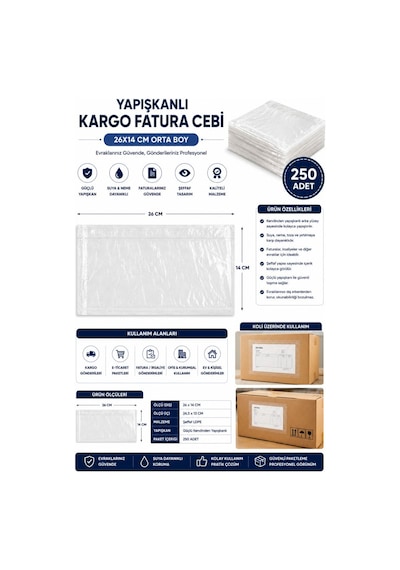 26x14 Cm Orta Boy Yapışkanlı Kargo Fatura Cebi 250 Adet