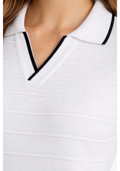 Wear Vexel Kadın Yazlık Dokuma Triko Tişört Düğmesiz Polo Yaka Kısa Kol T-shirt - Beyaz Beyaz