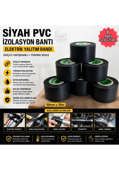 Siyah Pvc İzolasyon Bandı 50mm X 25m 6'lı Paket Elektrik Yalıtım Bandı Güçlü Yapışkanlı İzole Bant