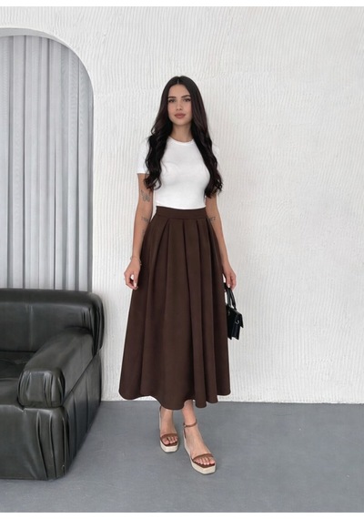 Winmoda34 Tesettür Dabıl Kumaş Pileli Tam Boy Uzun Etek Kahverengi