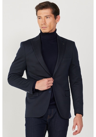 AC&Co / Altınyıldız Classics Erkek Lacivert Slim Fit Dar Kesim Kırlangıç Yaka Desenli Ceket Lacivert