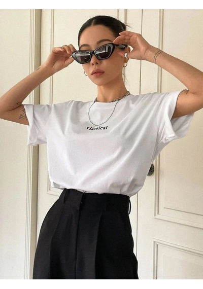 Kadın Beyaz Classical Ön Baskılı Oversize T-shirt Beyaz