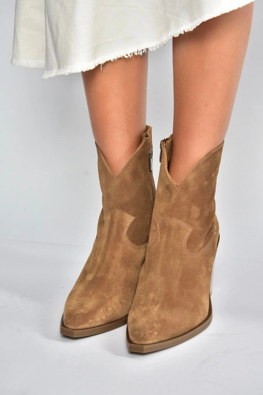 Fox Shoes V654081902 Taba Hakiki Deri Süet Kalın Topuklu Western Kovboy Kadın Bot Taba-Süet