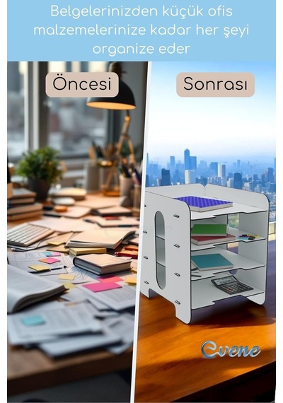 Evene Dosya Düzenleyici Masa Üstü Organizer Ahşap Enanrak Raflı Model 1, Beyaz, Evene