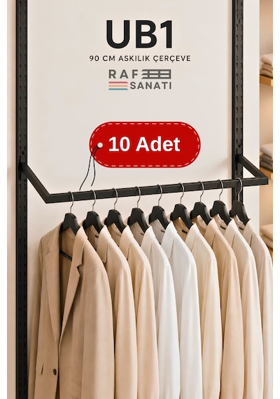 10 Adet - Ub1 90 Cm U Tipi Mağaza Askılığı 30 Cm Derinlik 40 Hatve - Konik Dikme Profil Uyumlu Elbise Askı Taşıyıcı Siyah