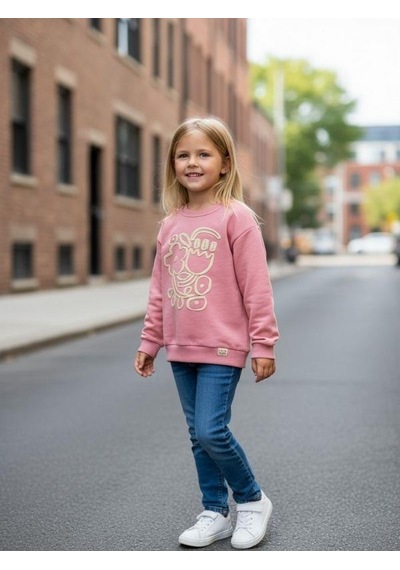 Kız Çocuk Pamuklu Çiçek Desenli Sweatshirt-16337 Pembe