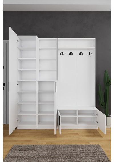 Lüks Aynalı Portmanto Askılı Vestiyer %100 Mdf Çok Raflı Ayakkabılık V03 Beyaz