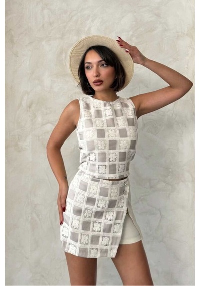 Verymoda Dama Desen Tığ İşi Toptan Bluz Ham Taş