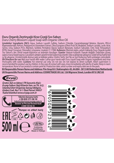 Duru Organik Zeytinyağlı Kiraz Çiçeği Sıvı Sabun 2 x 1500 ML + 500 ML