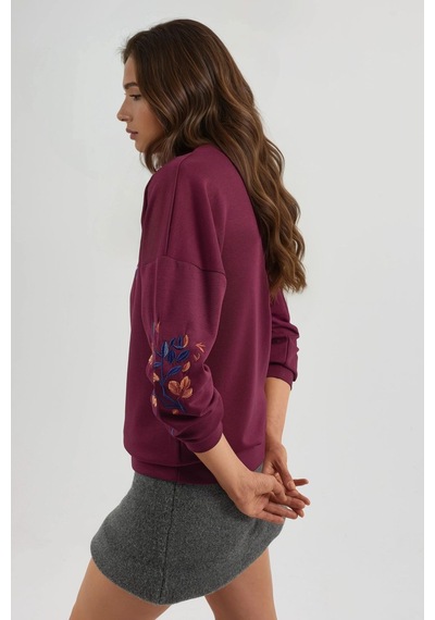 Hiccup Modal Dokulu İşlemeli Bisiklet Yaka Sweatshirt Berşan Collection Bordo Kırmızı