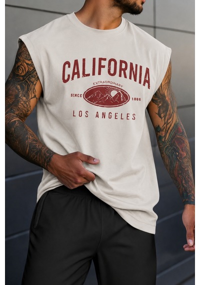 Cool Tarz Erkek Oversize Kolsuz Tişört %100 Pamuk California Baskılı Bisiklet Yaka Atlet Bej Bej Cool Tarz Erkek Oversize Kolsuz Tişört %100 Pamuk California Baskılı Bisiklet Yaka Atlet Bej Bej