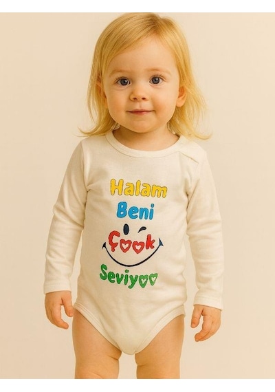 Zekids Bebek Halam Beni Çok Seviyor Yazılı Pamuklu Uzun Kol Çıtçıtlı Body-16094 Ekru