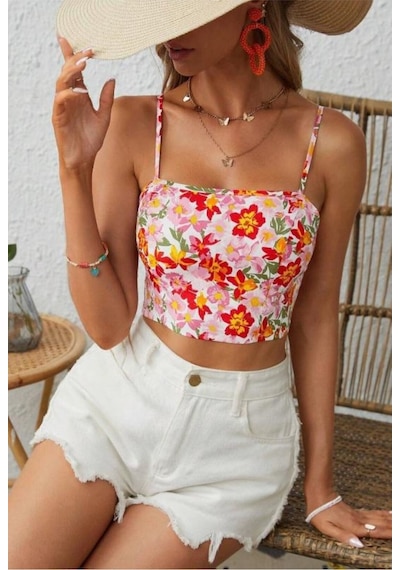 Bella Notte Retro Çiçek Baskılı Sırt Dekolteli Crop Bluz Pembe