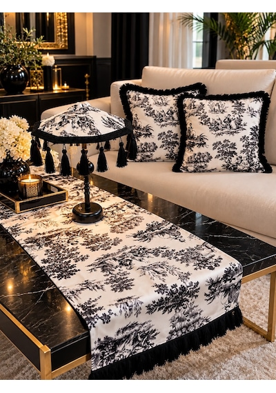 Missidea Black Toile Elegance Desenli Dekoratif Masa Üstü Lambası Bali Şemsiyesi Seti Şemsiye + Runner + 2 Li Kırlent Kılıfı Siyah