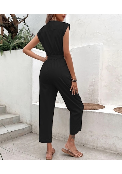 Barbora Keten Kadın V Yaka Tek Sıra Düğmeli Kolsuz Tulum Ln28siyah 001