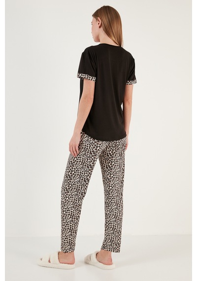 Lela Yumuşak Dokulu Bisiklet Yaka Bayan Pijama Takımı 6097605 Siyah-Leopar