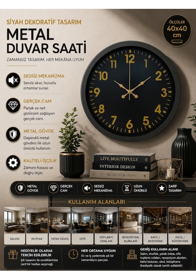 Almira Duvar Saati Siyah Standart 40 Cm Metal Dekoratif Duvar Saati