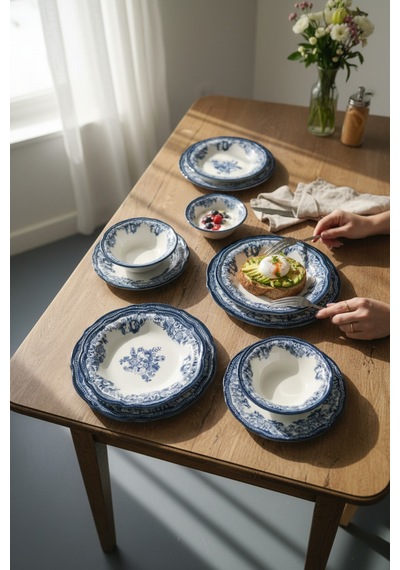 Akayev Porselen Vintage Blue 24 Parça Yemek Takımı Mavi