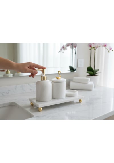 Mermer Banyo Seti Gold 4'lü Set Beyaz