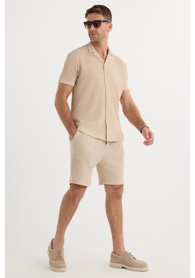 Tudors Erkek Slim Fit Dar Kesim Apaş Yaka Beli Bağcıklı Bej Gömlek Şort Takım-37574 Bej