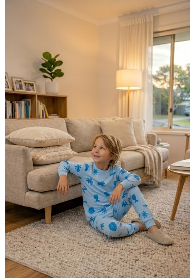 Zuzunga Deniz Temalı Mavi Renk %100 Pamuk Erkek Çocuk Pijama Takımı Bebe Mavi