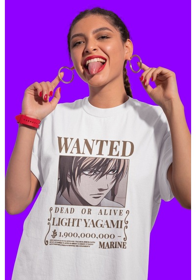 Wanted Dead Or Alive Yagami Light Baskılı Unisex Oversize Death N Beyaz