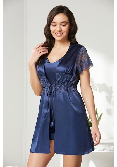 Pierre Cardin Laci Saten Dantelli 3'lü Kadın Sabahlık-şort Takım 2480 Lacivert