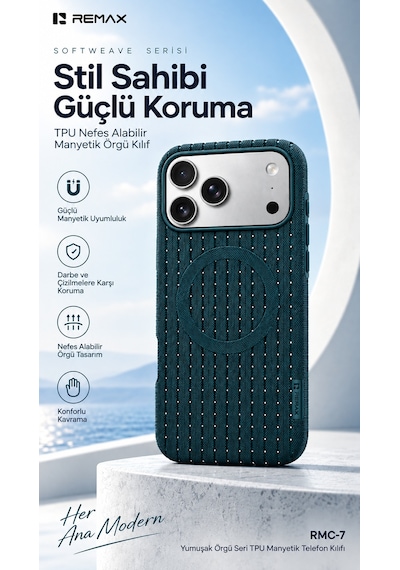 Remax Softweave Series İphone 18 Pro Max Uyumlu Mıknatıslı Örgü Desen Nefes Alan Tpu Kılıf Rmc-7 - Yeşil