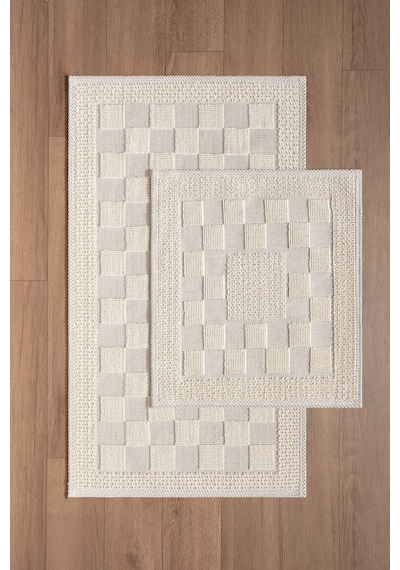 Sakura Sk014a Doğal Pamuk 2'li Banyo Paspas Seti 60x100 60x50cm Kaymaz Taban Makinada Yıkanabilir Kemik