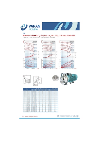 Varan Ca 50-32-200/3.0t Paslanmaz Santrifüj Pompa 4 Hp / 3 Kw, Trifaze 380 V, 38 Mss Aısı 304