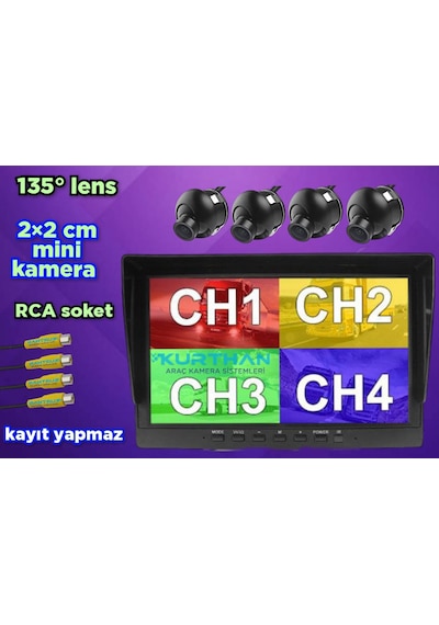 4 Adet Mini Kasa Kamera Ve 7 İnç Kayıtsız Monitör 12 Volt