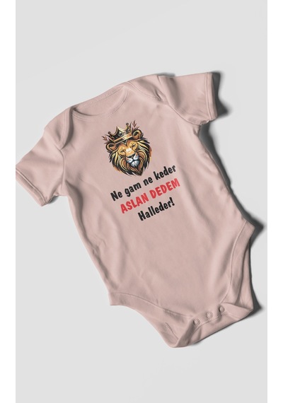 Ne Gam Ne Keder Aslan Dedem Halleder Baskılı Bebek Zıbını Çıtçıtlı Body %100 Pamuk Kısa Kol Pastel Pembe