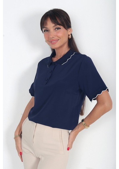 By Saygı Kadın Polo Yaka Krep Saten Bluz Lacivert By Saygı Kadın Polo Yaka Krep Saten Bluz Lacivert