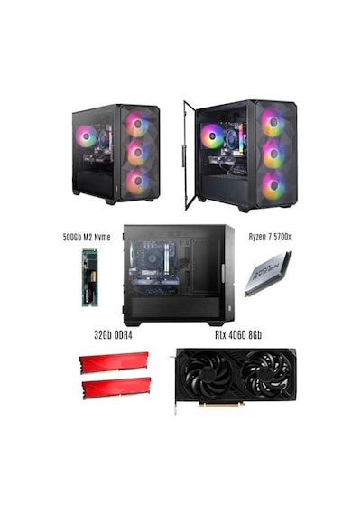 Ramtech RMT2002 R7-5700X 32 GB 500 GB M2 NVMe SSD 8 GB RTX4060 Dos Masaüstü Oyuncu Bilgisayarı