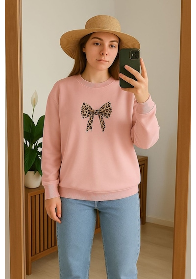 Benroma 3 İplik Penye Kurdela Baskılı Unisex Sweatshırt Pembe