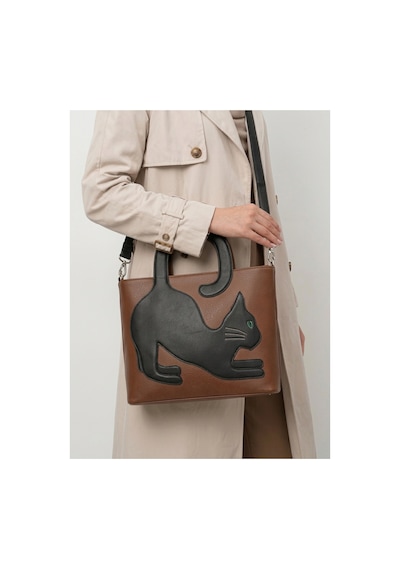 Levano Leather Hakiki Dana Derisi Premium Siyah Kedi Figürlü Kadın El Ve Omuz Çantası taba