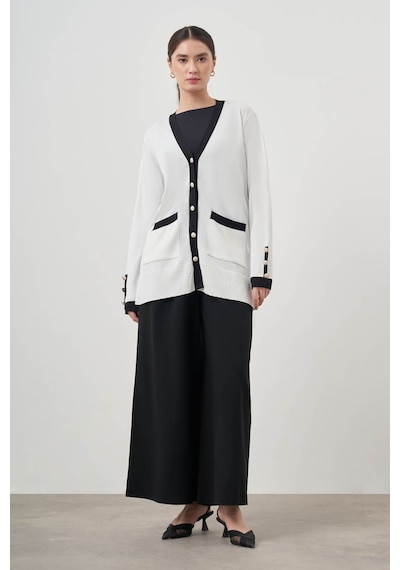 Mizalle Şeritli Rayon Ekru Hırka Ekru