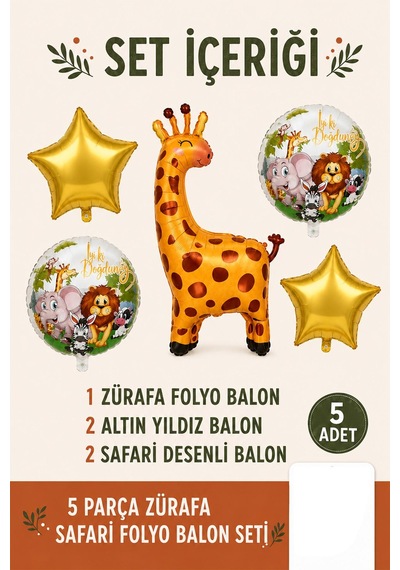 5 Li Zürafa Temalı Happy Birthday Folyo Balon Seti Safari Ve Orman Konseptli Parti Süsü Çok Renkli