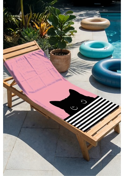 Kedi Figürlü Çizgili Pembe Plaj Havlusu-minimalist Siyah Beyaz Marine Hızlı Kuruyan Mikrofiber Havlu Kül Melon
