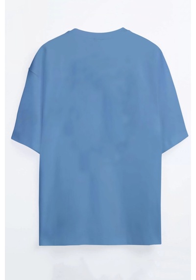 Japonca Yazı Baskılı Bordo - Mavi Oversize T-shirt Mavi