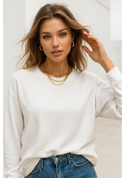 Kadın Ekru Pamuklu İnterlock Oversize Sweatshirt Ekru