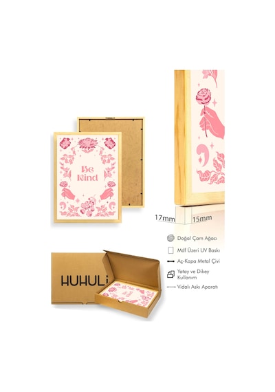 Doğal Ahşap Çerçeveli Retro Floral Tablo - Pembe Çiçekli Boho Desen Huhu2442