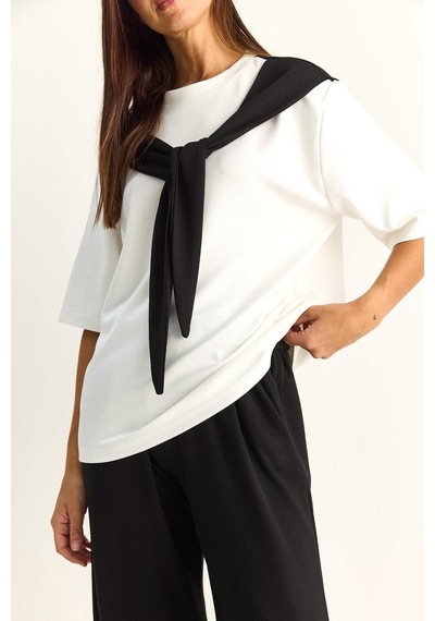 Shade Kadın Şal Detaylı Basic T-shirt Beli Lastikli Bol Pantolon Alt-üst Modal Takım 4116 60286084 - Siyah-beyaz Çok Renkli