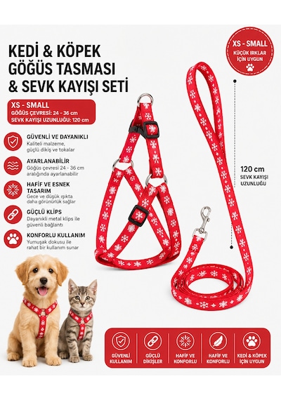 Kar Tanesi Desenli Kedi Ve Köpek Göğüs Tasması Sevk Kayışı Seti Xs-s 24-36 Cm 120 Cm - Kırmızı Çok Renkli