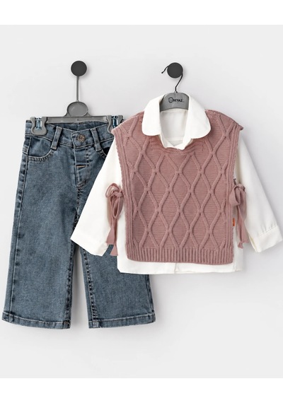 Eray Alp Kids Kız Çocuk Pembe Triko Yelekli Gömlek Ve Kot Pantolon Kombin Takım Pudra